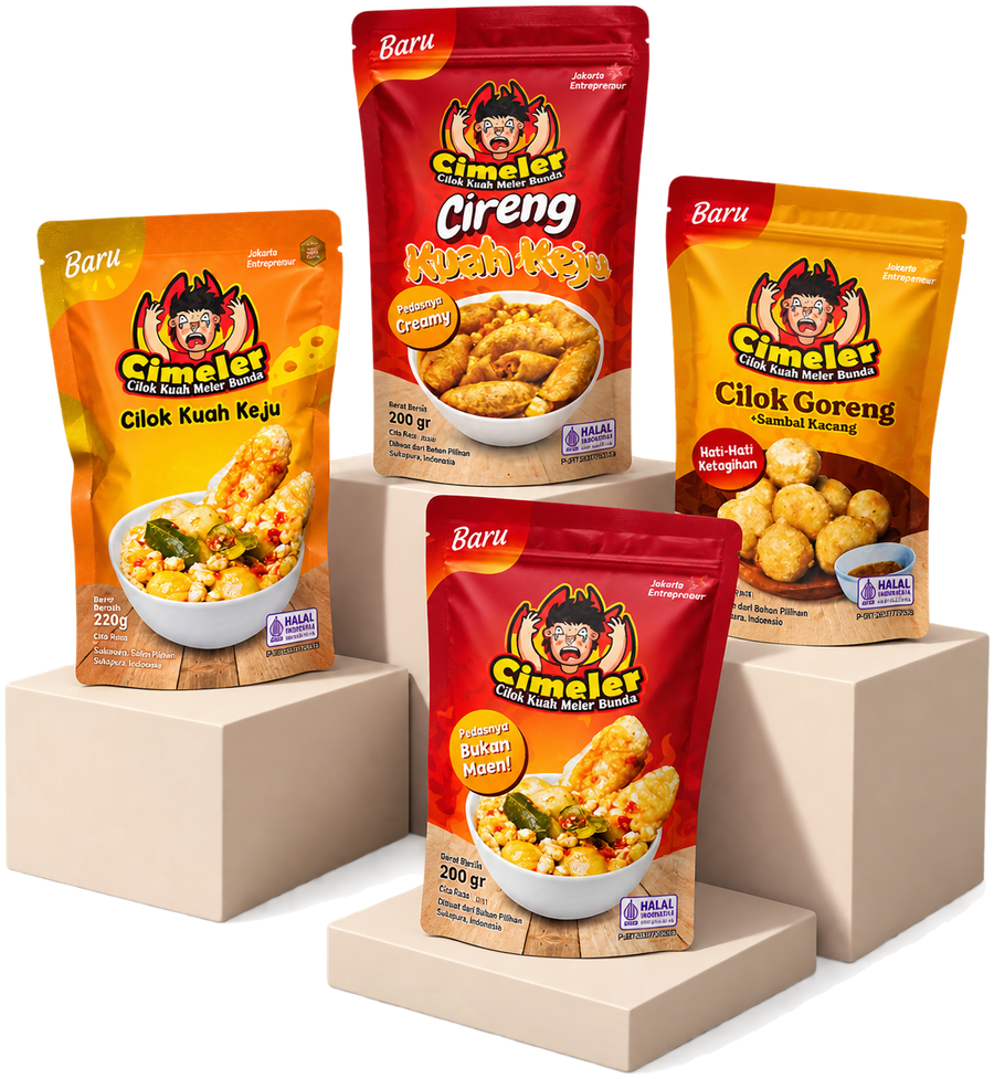 Kemasan Cimeler — Cilok Kuah Keju, Cireng Kuah Keju, Cilok Goreng, dan Cilok Kuah Meler Bunda
